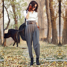 Load image into Gallery viewer, AIGYPTOS Spring Autumn Woolen High Waist Women England Style Stripe Slim Skinny Pants Casual Ankle Length Trousers
