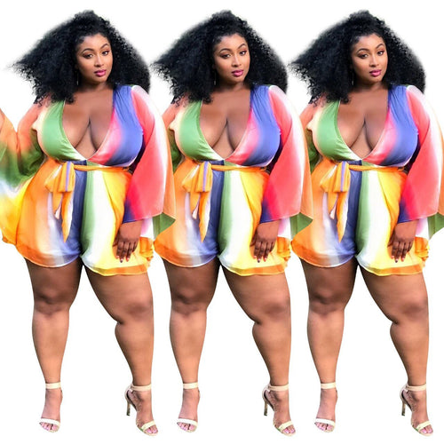 2019 Europe and America large size women's color long-sleeved fashion large size jumpsuit shorts