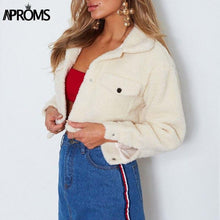 Load image into Gallery viewer, Aproms Elegant Solid Color Cropped Teddy Jacket Women Front Pockets Thick Warm Coat Autumn Winter Soft Short Jackets Female 2019
