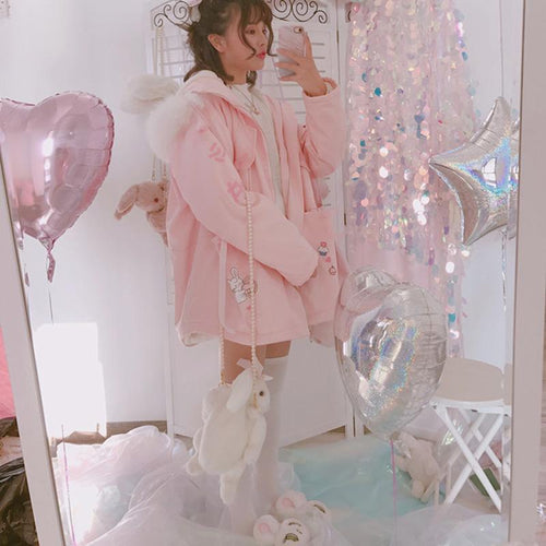 2018 Winter New women sweet Harajuku pink rabbit print cartoon Jackets kawaii cute girl zip outfit with hoody pink coat
