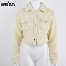 Load image into Gallery viewer, Aproms Elegant Solid Color Cropped Teddy Jacket Women Front Pockets Thick Warm Coat Autumn Winter Soft Short Jackets Female 2019
